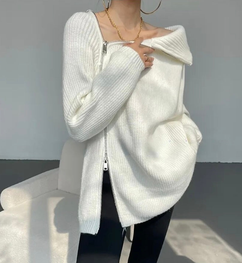 Oversize Asymmetrical Zip Turtleneck Sweater