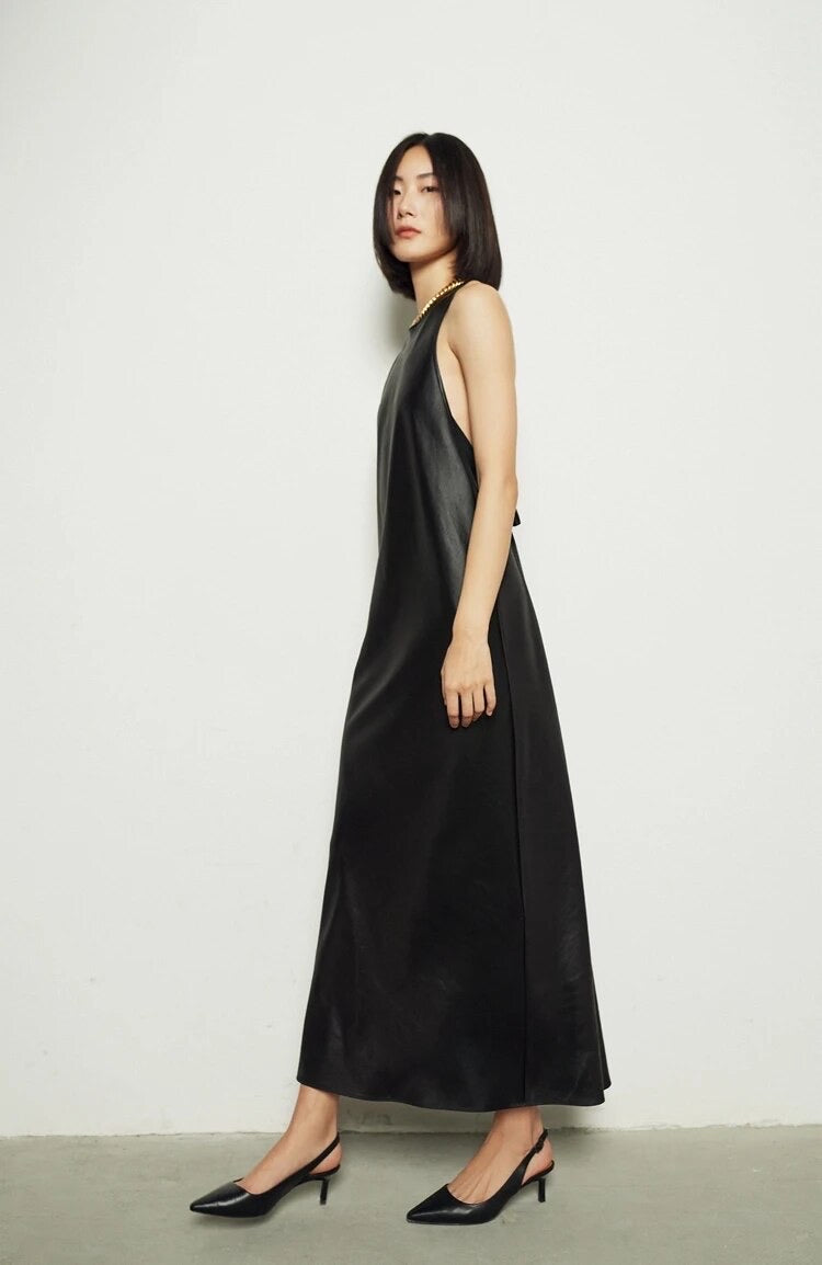 Stylish Black Long Faux Leather Dress with Open Back