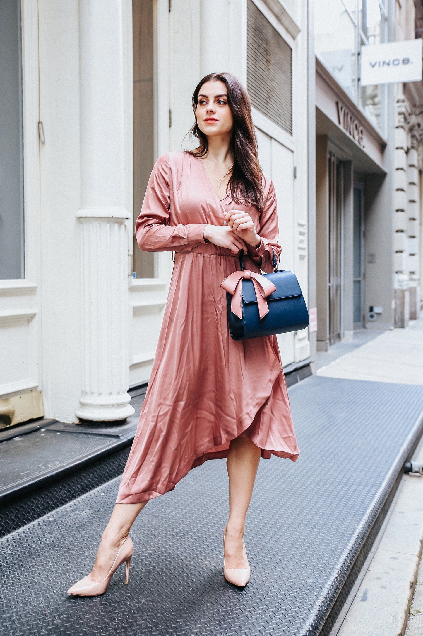 Light Pink Vegan Crossbody Leather Bag with Gray Bow