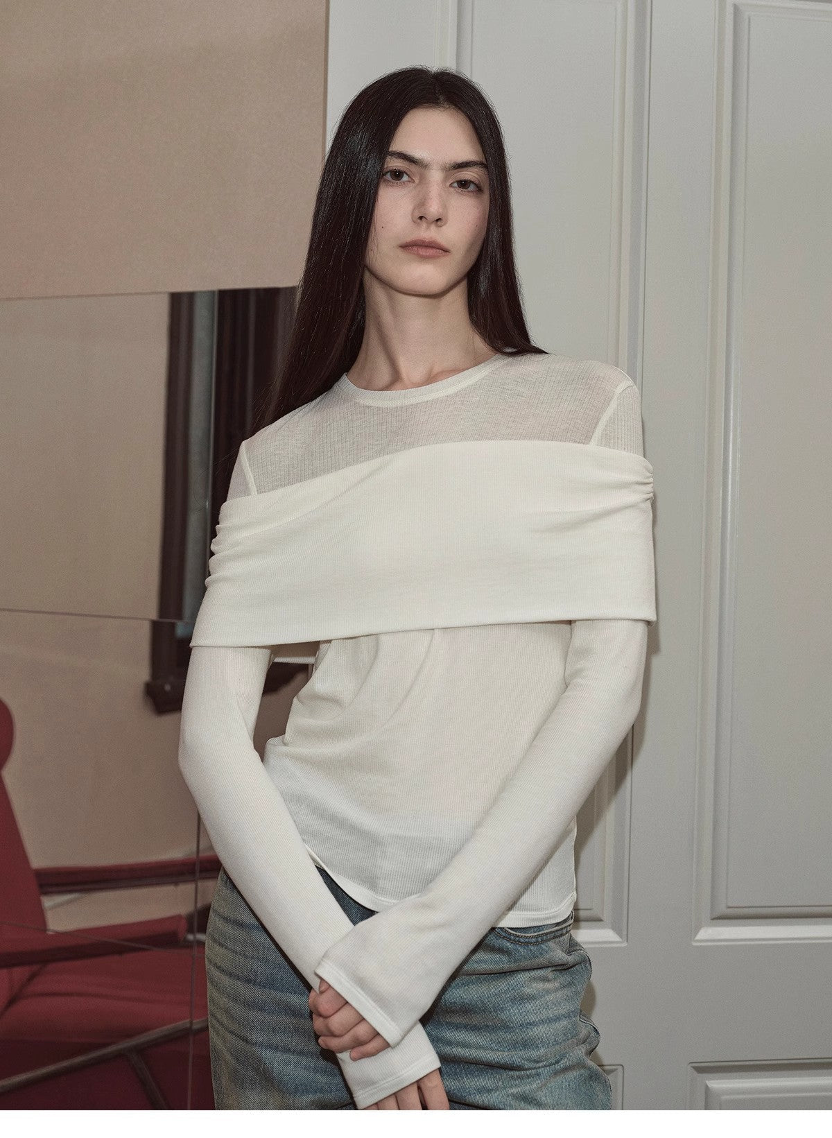 Layered Tencel Wool Fake Two-Piece Splicing Off-Shoulder Versatile Knitted Top