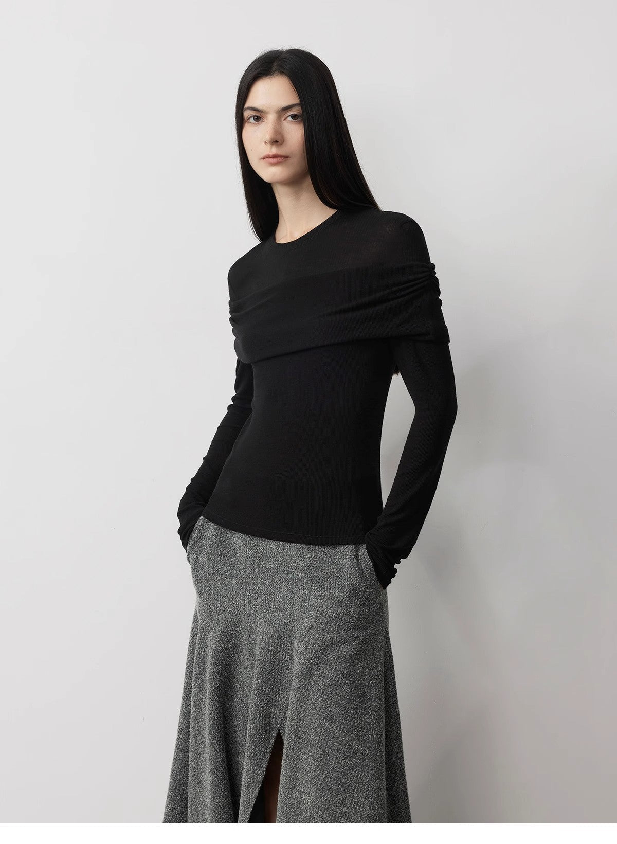 Layered Tencel Wool Fake Two-Piece Splicing Off-Shoulder Versatile Knitted Top