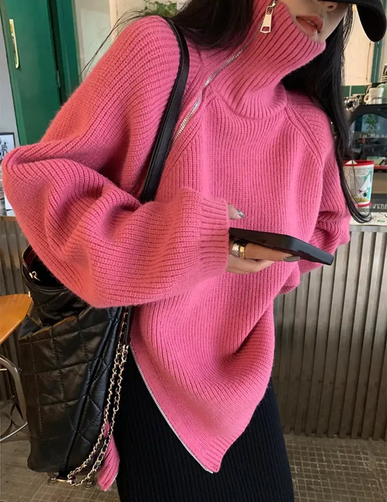 Oversize Asymmetrical Zip Turtleneck Sweater