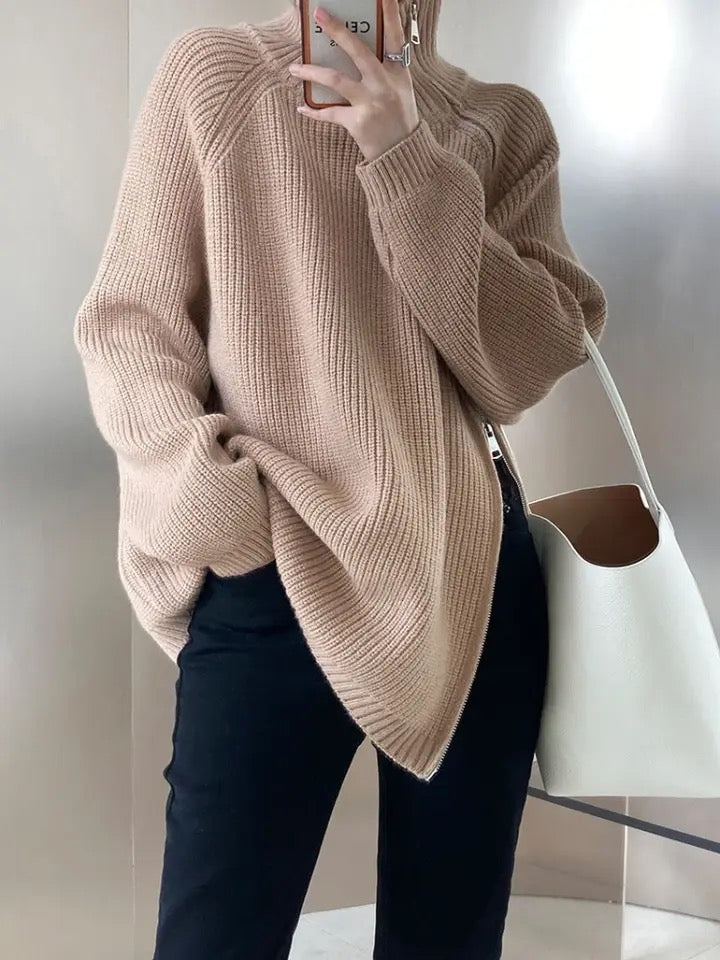 Oversize Asymmetrical Zip Turtleneck Sweater