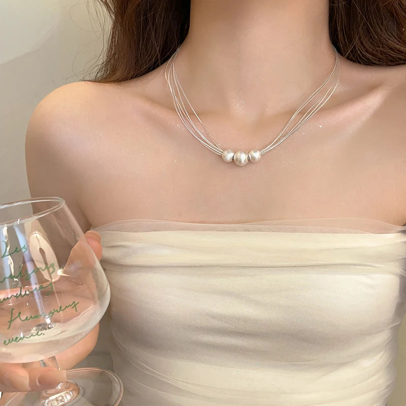 Multi Layer Stainless Steel Chain Brushed Silver Metal Ball Pendant Necklace