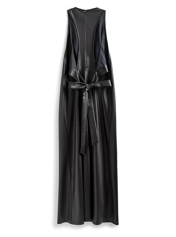 Stylish Black Long Faux Leather Dress with Open Back