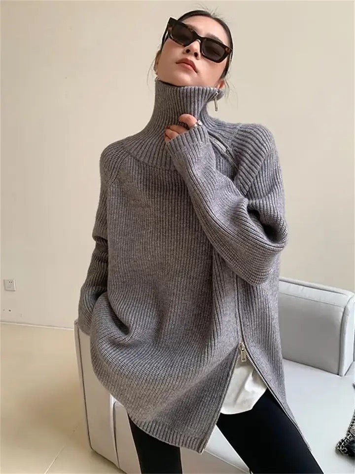 Oversize Asymmetrical Zip Turtleneck Sweater