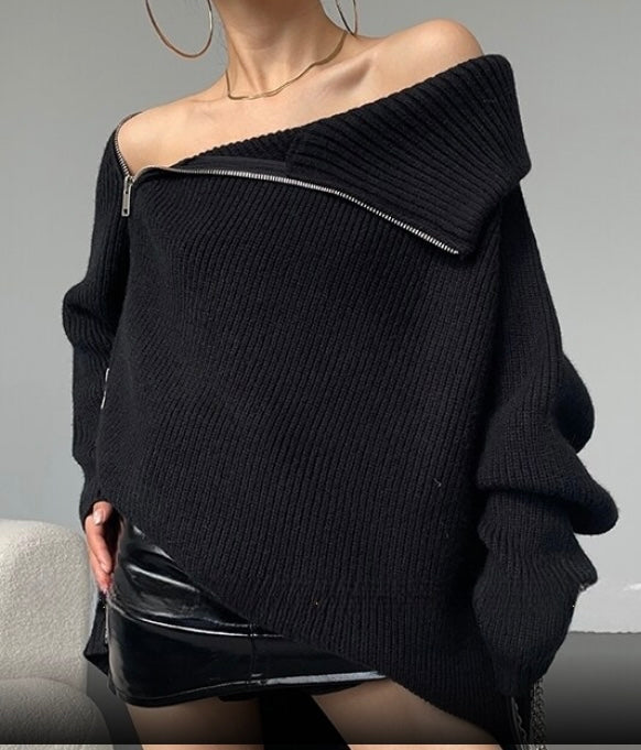 Oversize Asymmetrical Zip Turtleneck Sweater