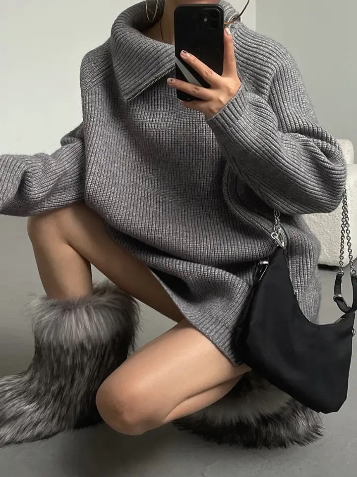 Oversize Asymmetrical Zip Turtleneck Sweater
