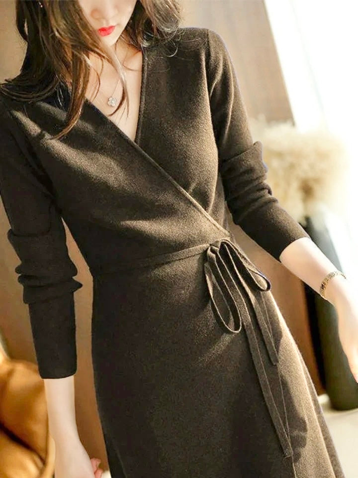 Elegant V Neck Knitted Slim Fit Wrap Dress