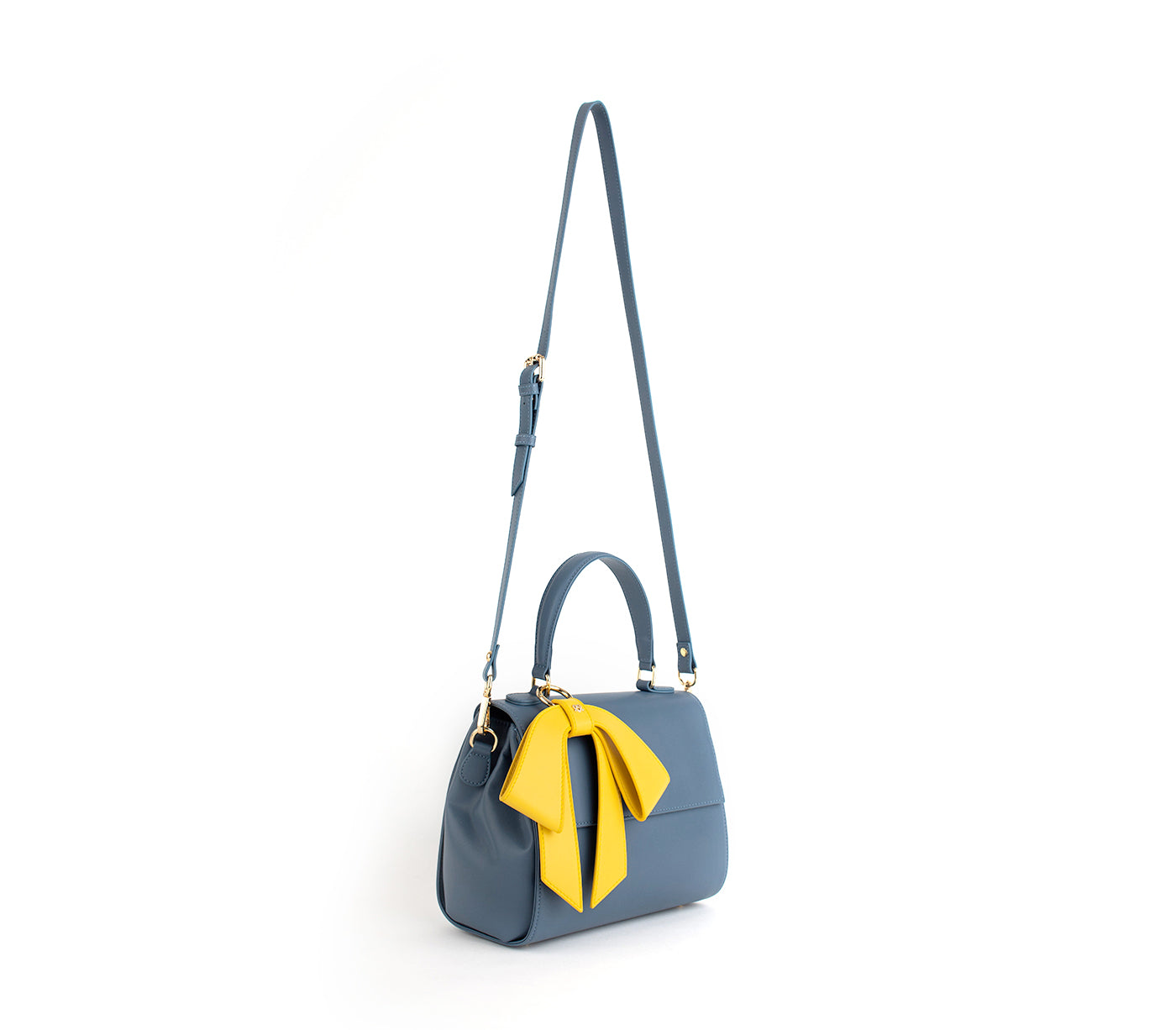 Blue Vegan Crossbody Leather Bag with Yellow Bow Charm