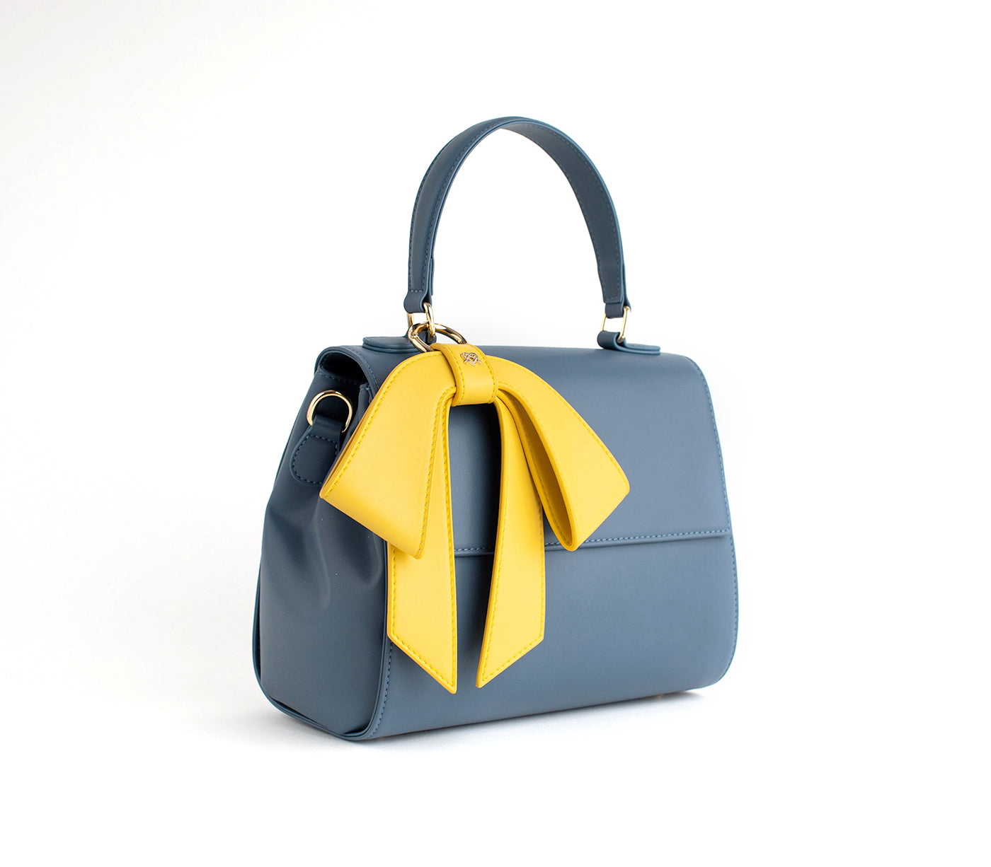 Blue Vegan Crossbody Leather Bag with Yellow Bow Charm