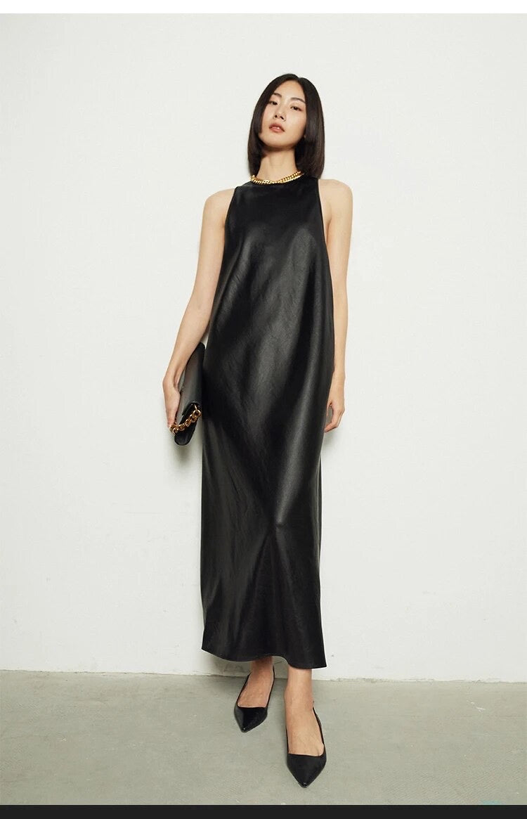 Stylish Black Long Faux Leather Dress with Open Back