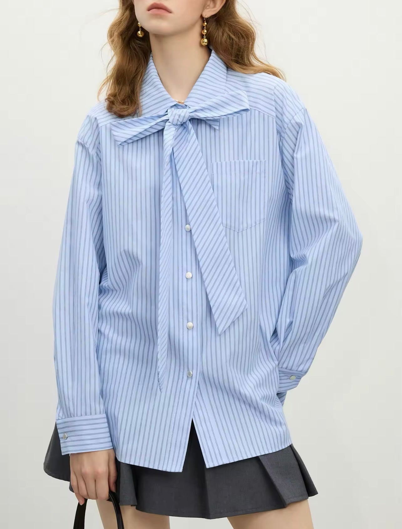 French Stripe Bow Tie Long Sleeves Shirt