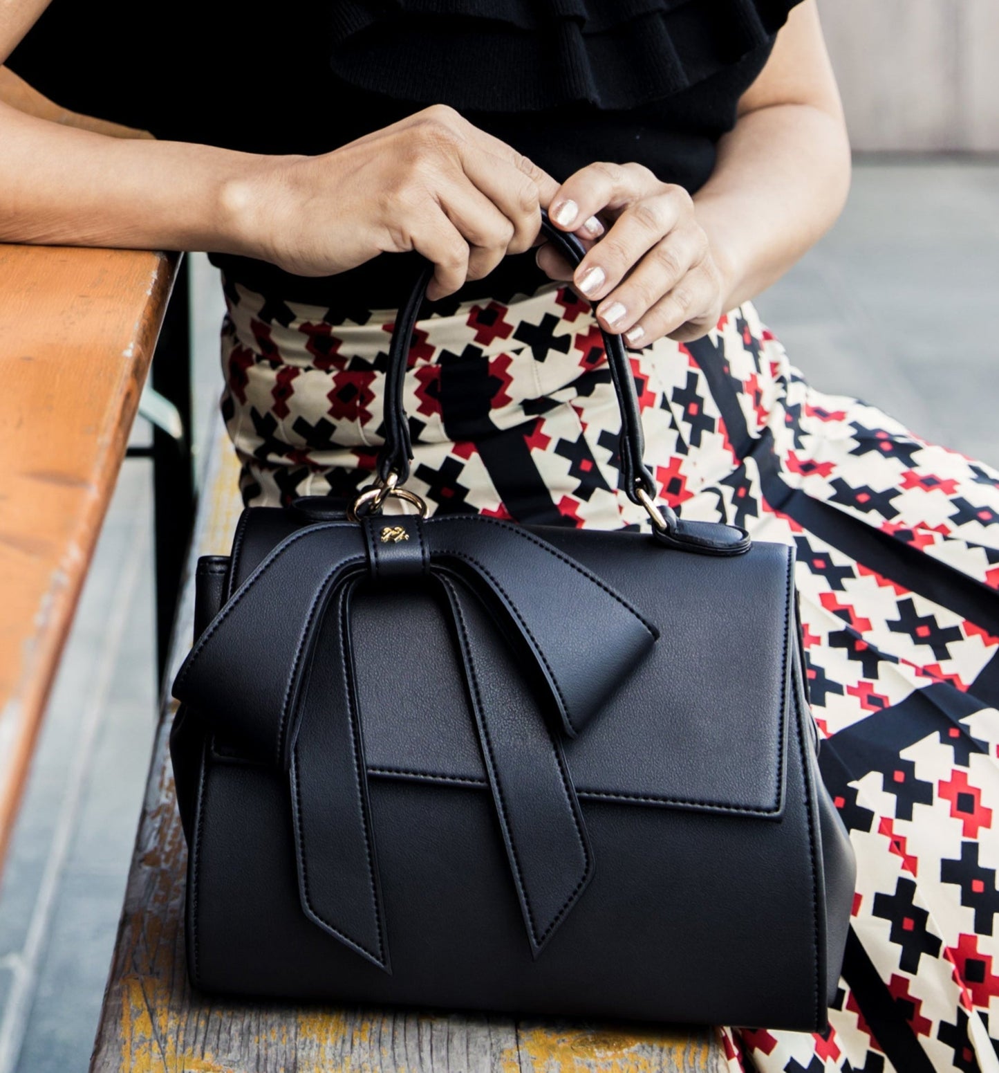 Black Vegan Crossbody Leather Bag with Bow