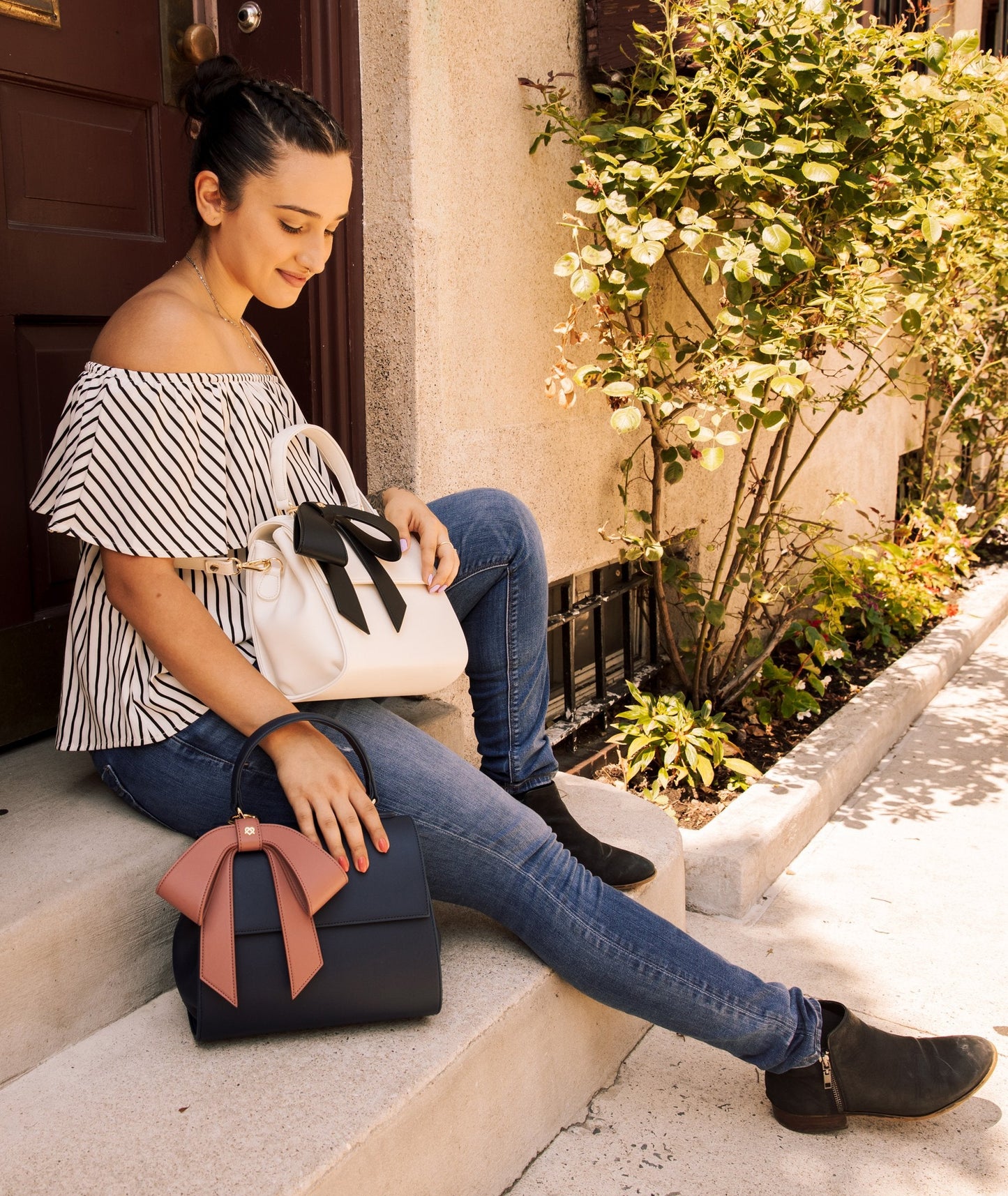 Light Pink Vegan Crossbody Leather Bag with Gray Bow