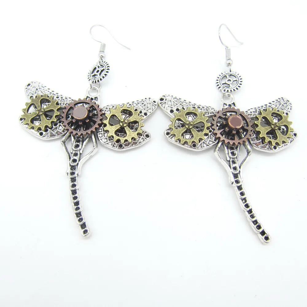 Vintage Dragonfly Gears Steampunk Drop Earrings