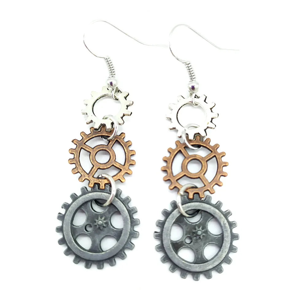 Vintage Bronze & Silver Gears Steampunk Drop Earrings