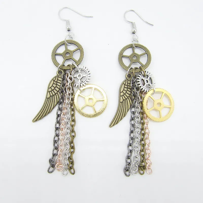 Vintage Wing and Chains Gears Steampunk Drop Earrings