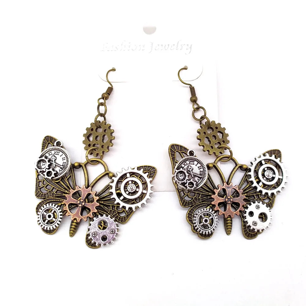 Butterflies Steampunk Gears Drop Earrings
