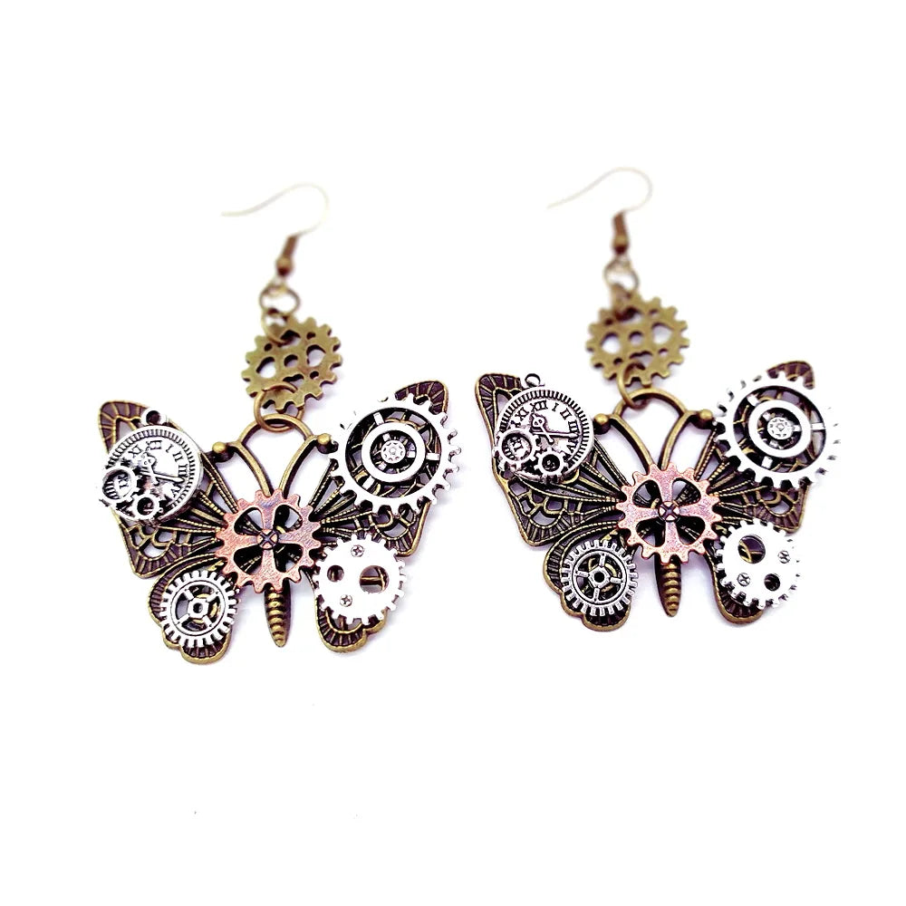 Butterflies Steampunk Gears Drop Earrings