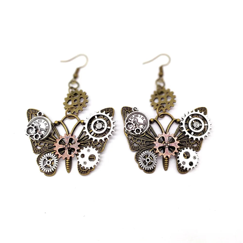 Butterflies Steampunk Gears Drop Earrings