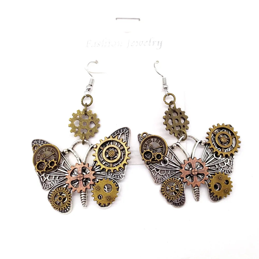 Butterflies Steampunk Gears Drop Earrings