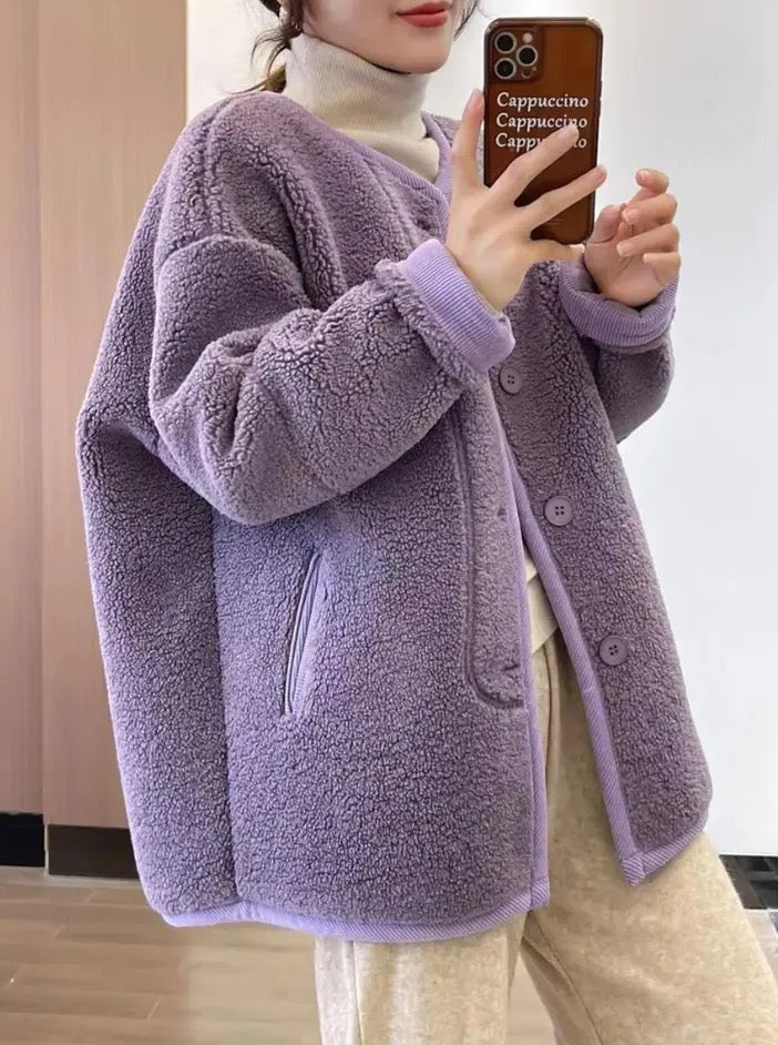 Taro Purple V Neck Fleece Jacket