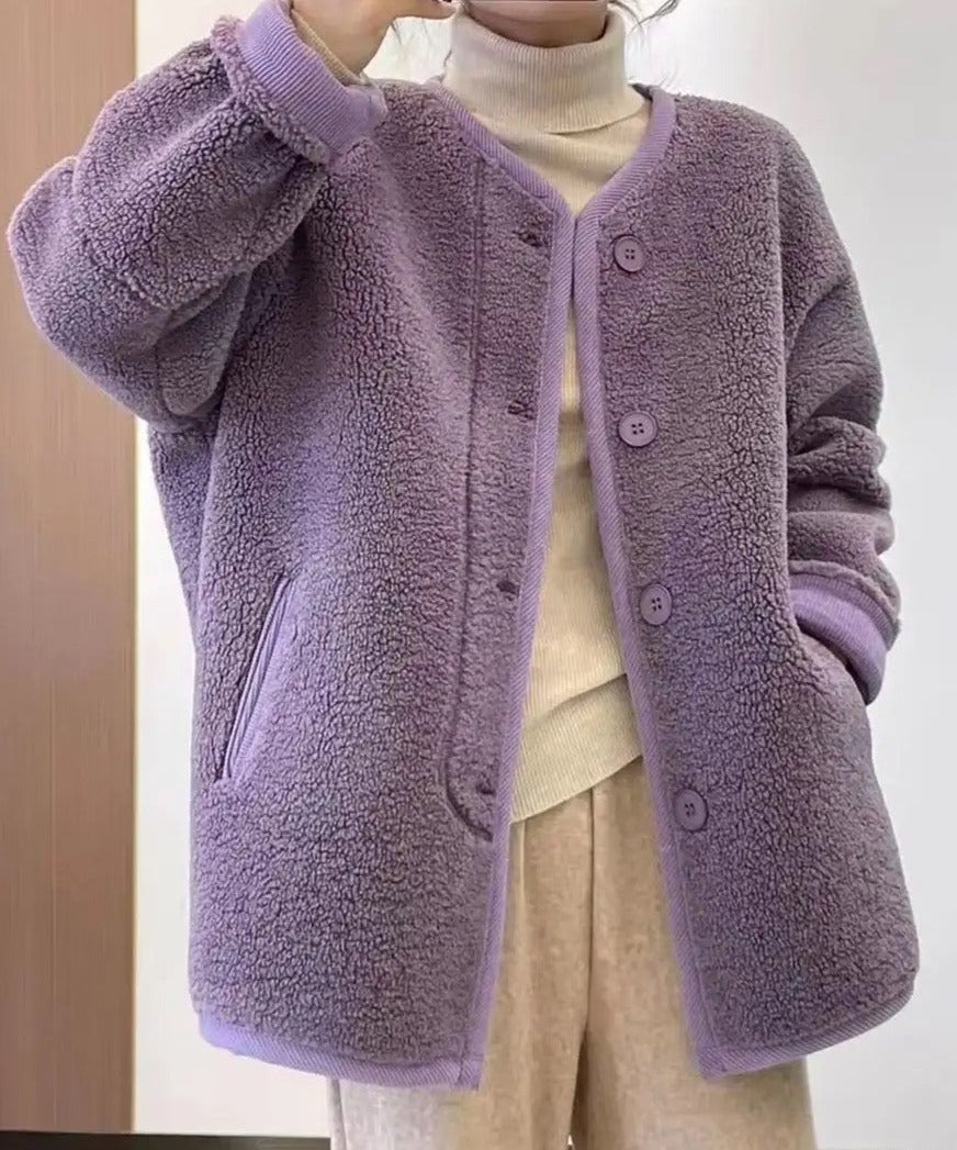 Taro Purple V Neck Fleece Jacket