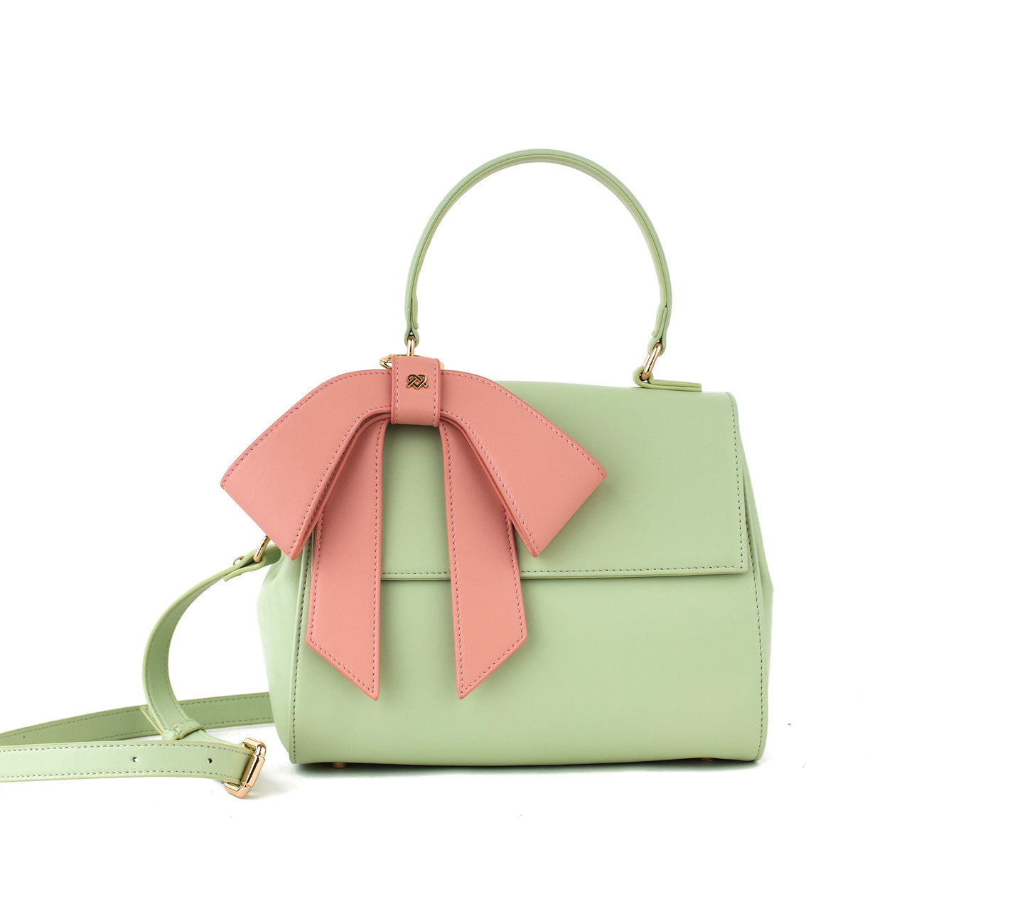 Mint Vegan Crossbody Leather Bag with Pink Bow