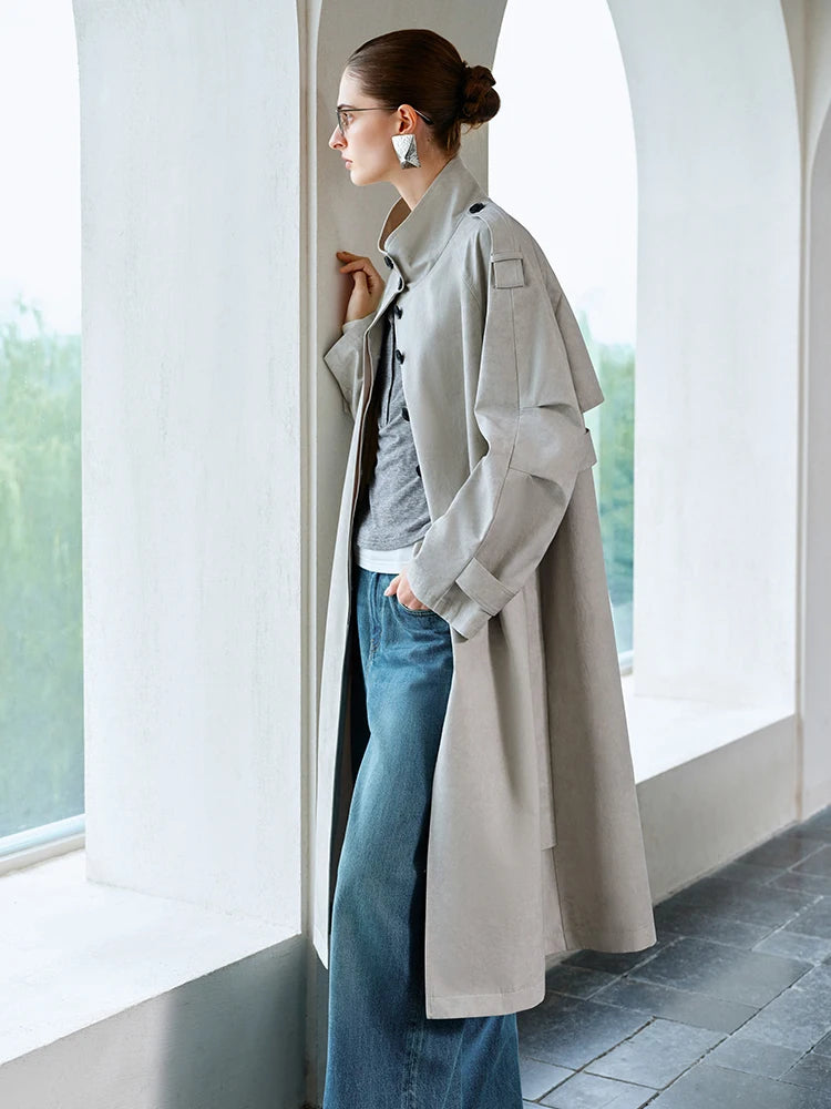 Gray Loose Fit Stand Up Collar Single Breasted Trench Coat
