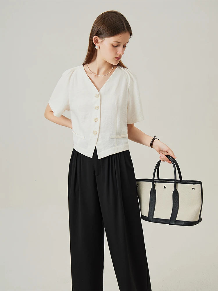 V-Neck Wide Short Sleeves Single Breasted Shirt