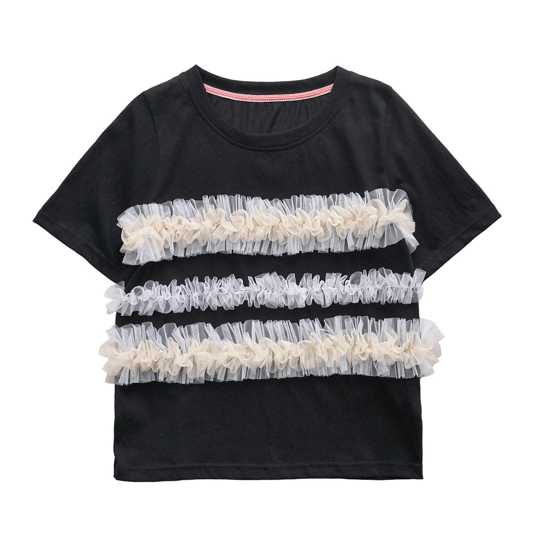 Short Sleeved Black T-Shirt with Mesh Ruffle Design