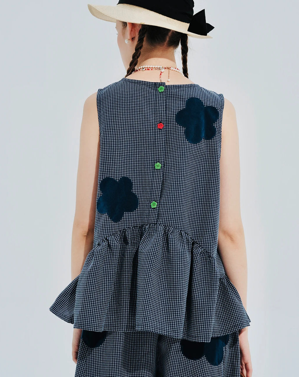Blue Plaid Flower Patchwork Sleeveless Top