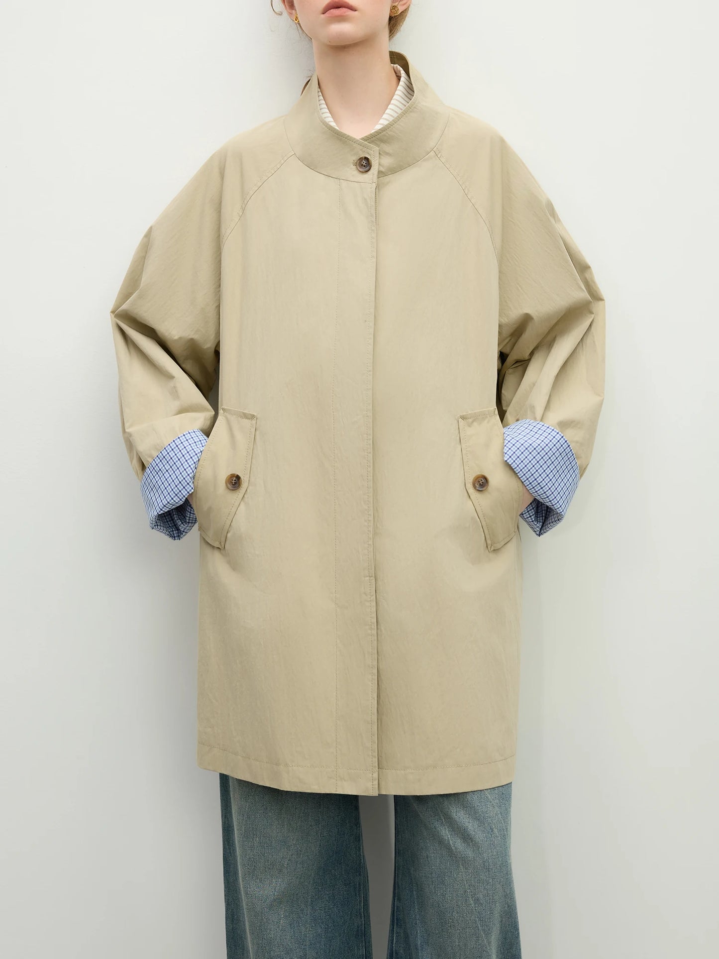 Stand Collar Loose Fit Khaki Single Breasted Trench Coat with Plaid Cuffs