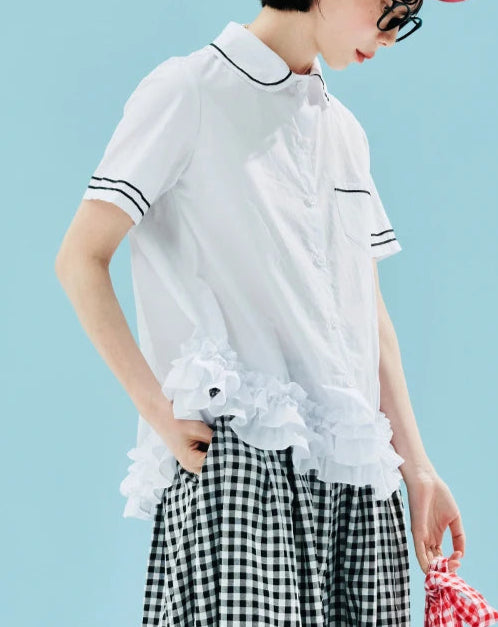 Polo Style Short Sleeves Dress Shirt with Ruffle Hem
