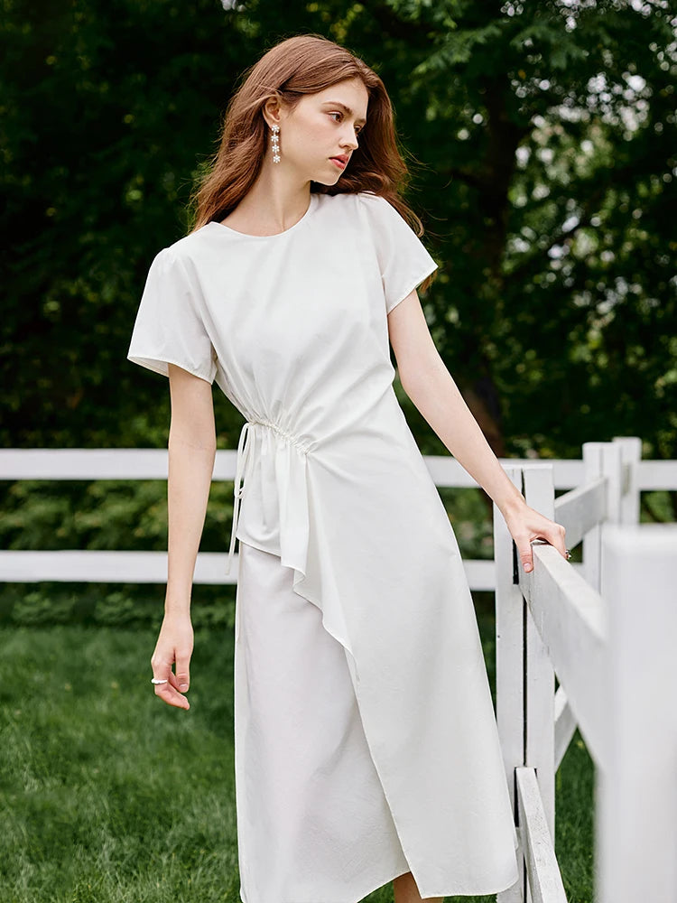 Classic Short Sleeves A-Line Ruched Sides Midi Dress