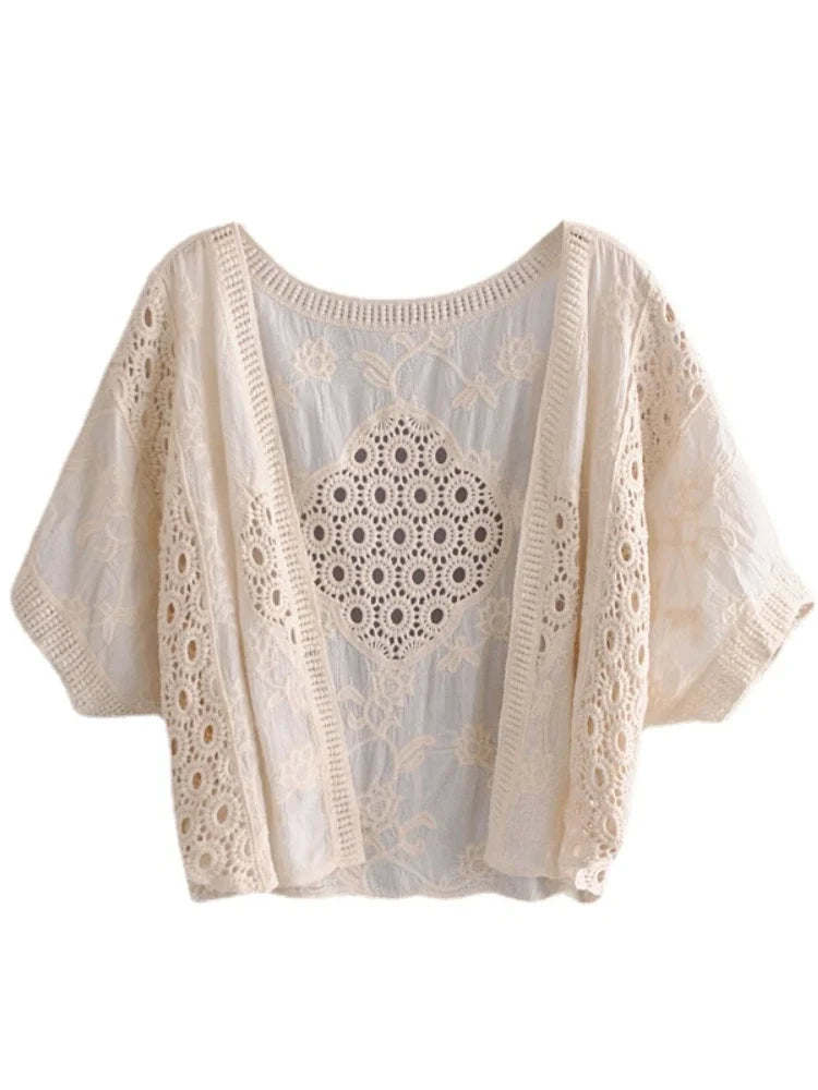 Vintage Lace Short Sleeve Loose Crop Cardigan