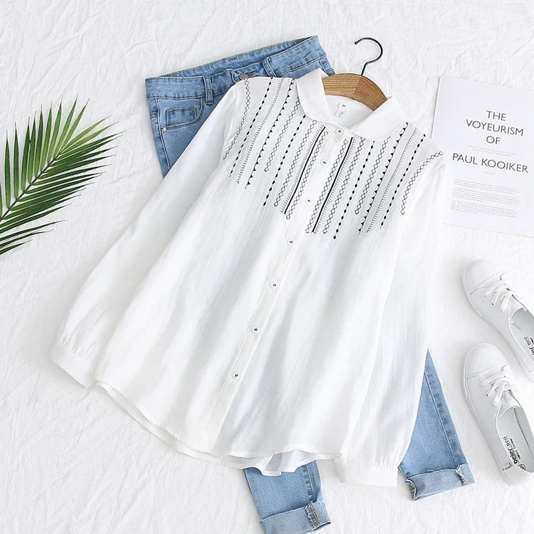 White Long Sleeve Embroidery Shirt