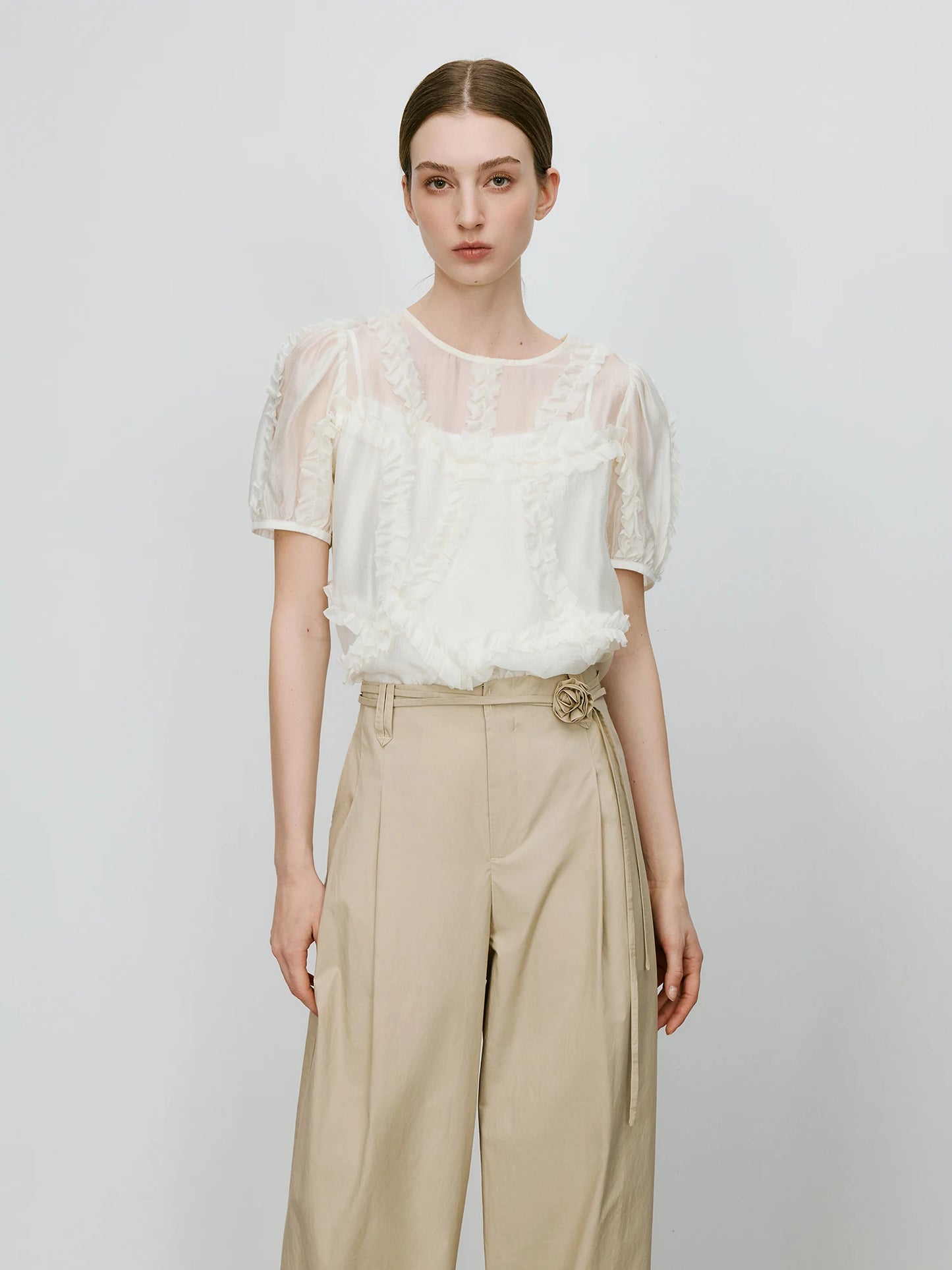 Sheer Short Puff Sleeves Blouse + Tank with Ruffles Design