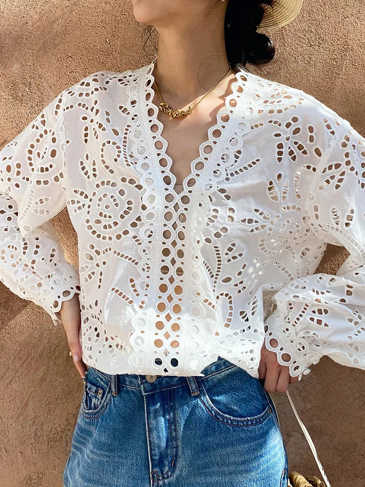 White Chic Hollow Lace Long Sleeve Shirt