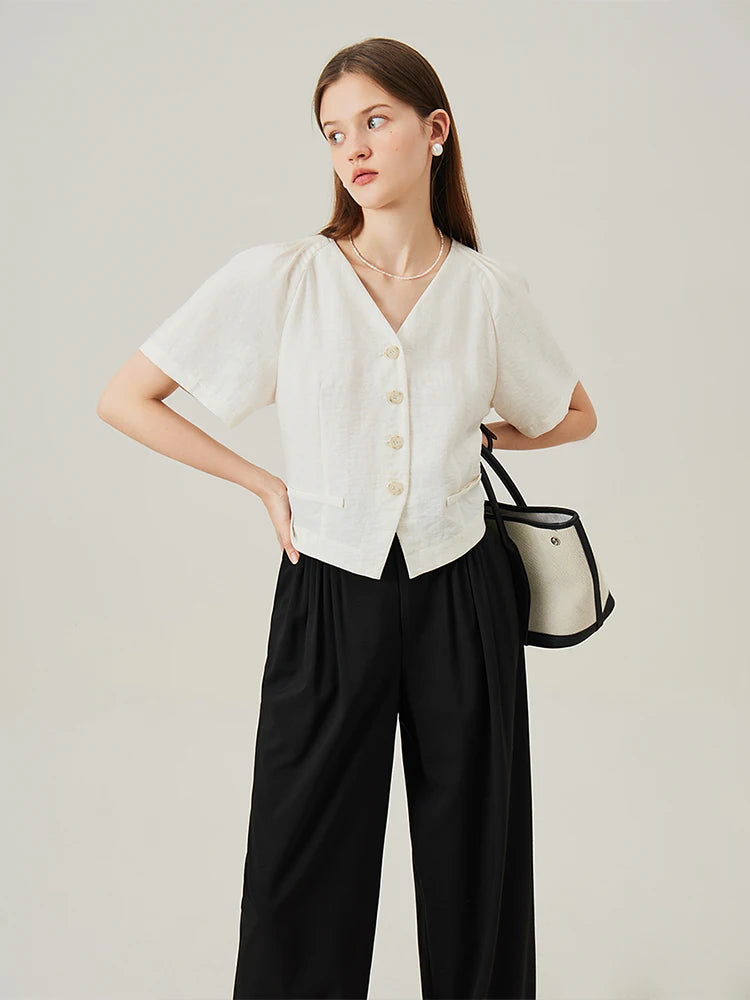 V-Neck Wide Short Sleeves Single Breasted Shirt