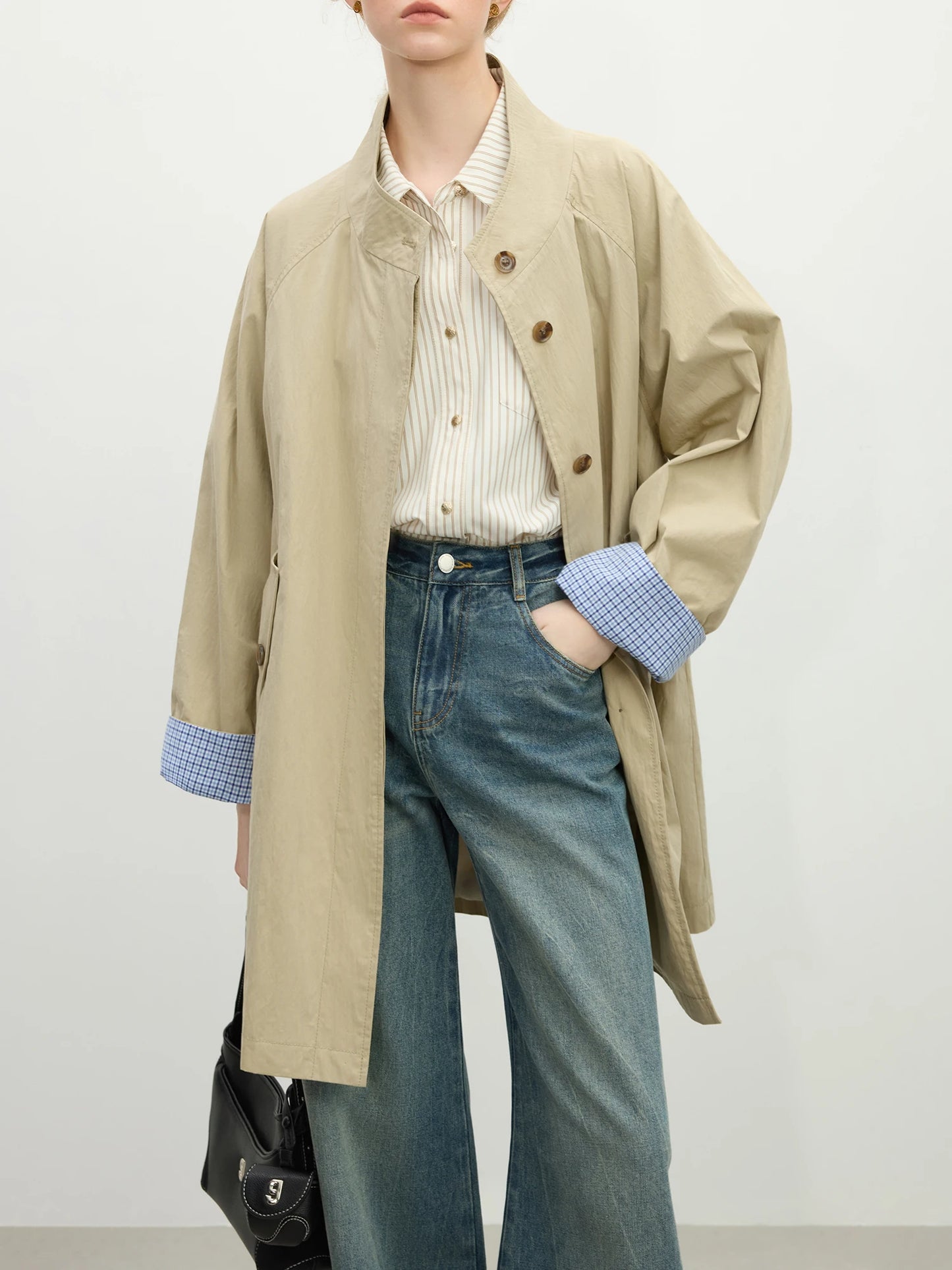 Stand Collar Loose Fit Khaki Single Breasted Trench Coat with Plaid Cuffs