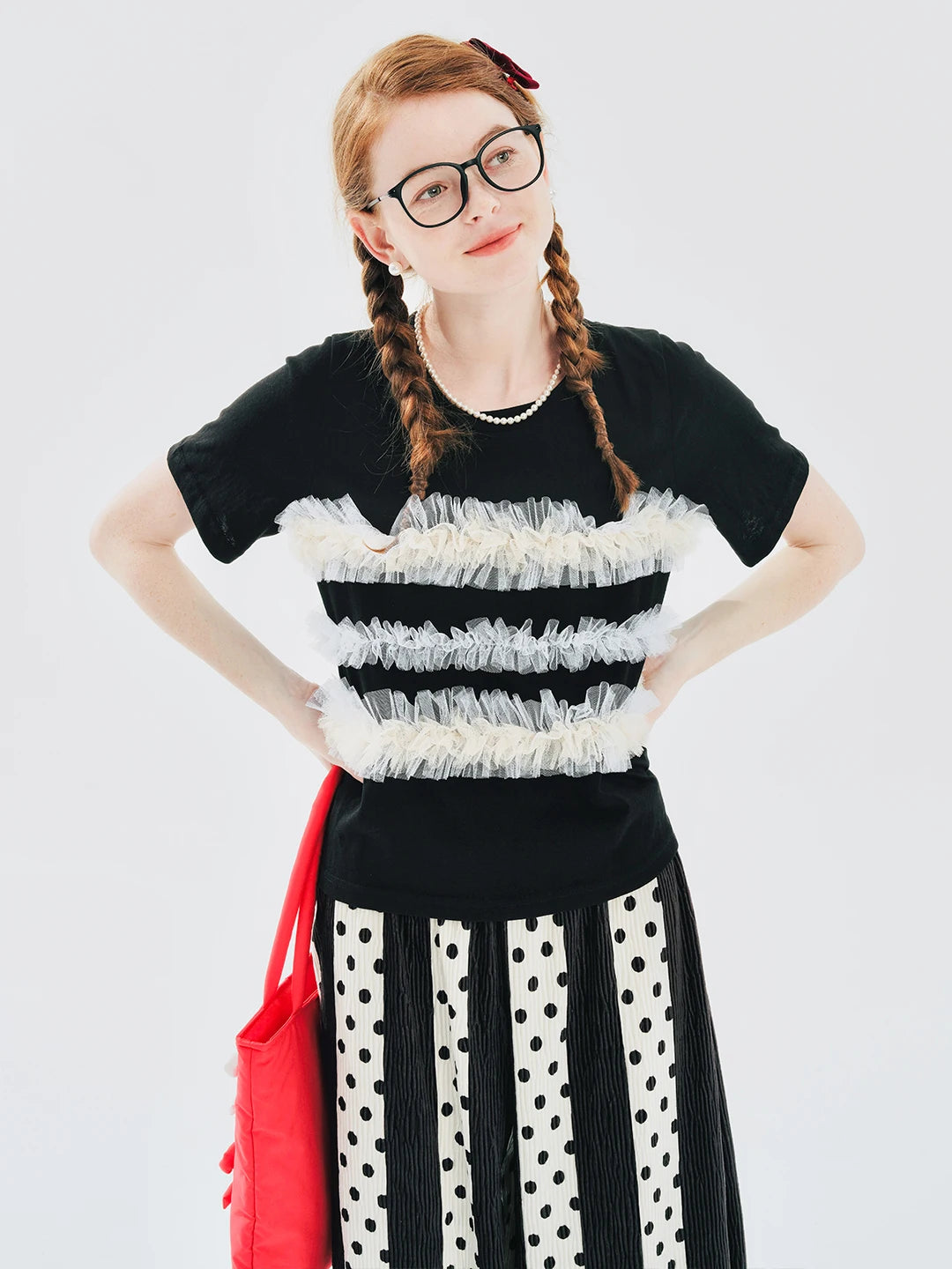 Short Sleeved Black T-Shirt with Mesh Ruffle Design