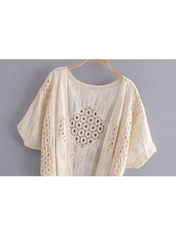 Vintage Lace Short Sleeve Loose Crop Cardigan
