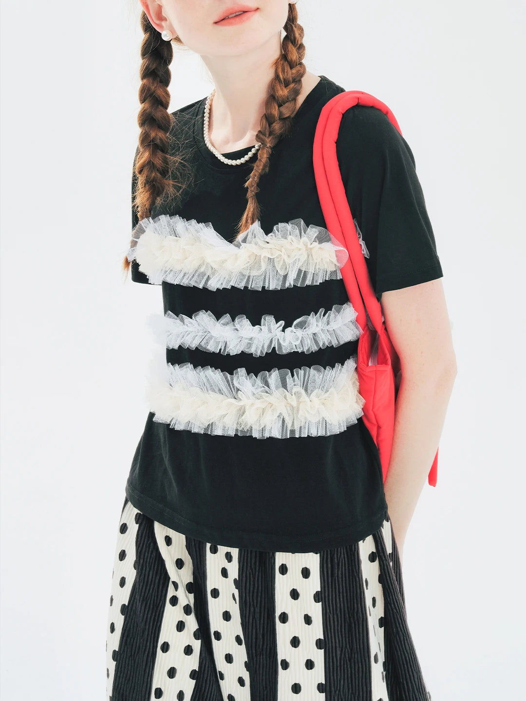 Short Sleeved Black T-Shirt with Mesh Ruffle Design