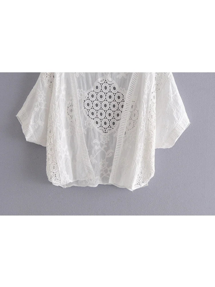 Vintage Lace Short Sleeve Loose Crop Cardigan
