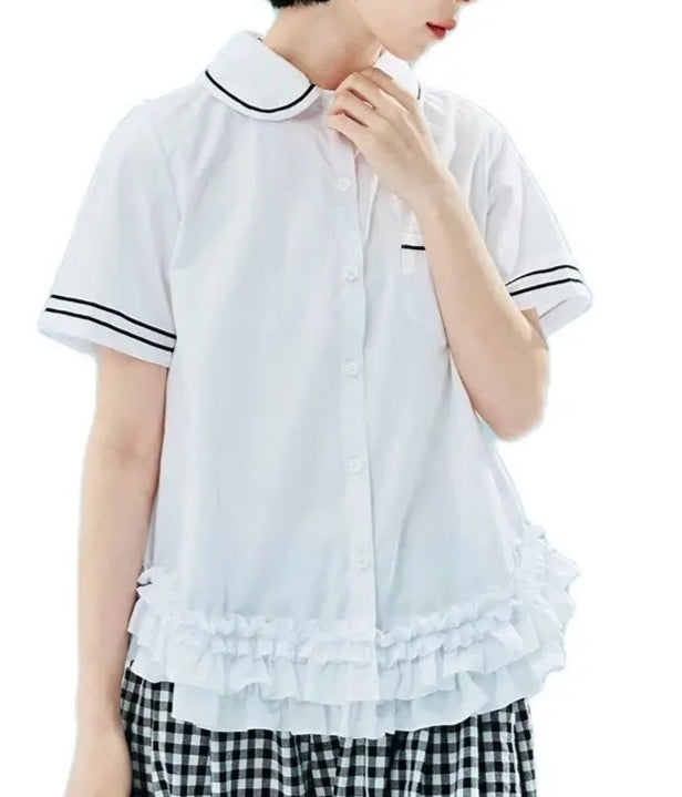 Polo Style Short Sleeves Dress Shirt with Ruffle Hem