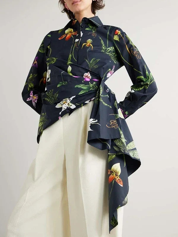 Elengant Asymmetric Floral Long Sleeve Blouse