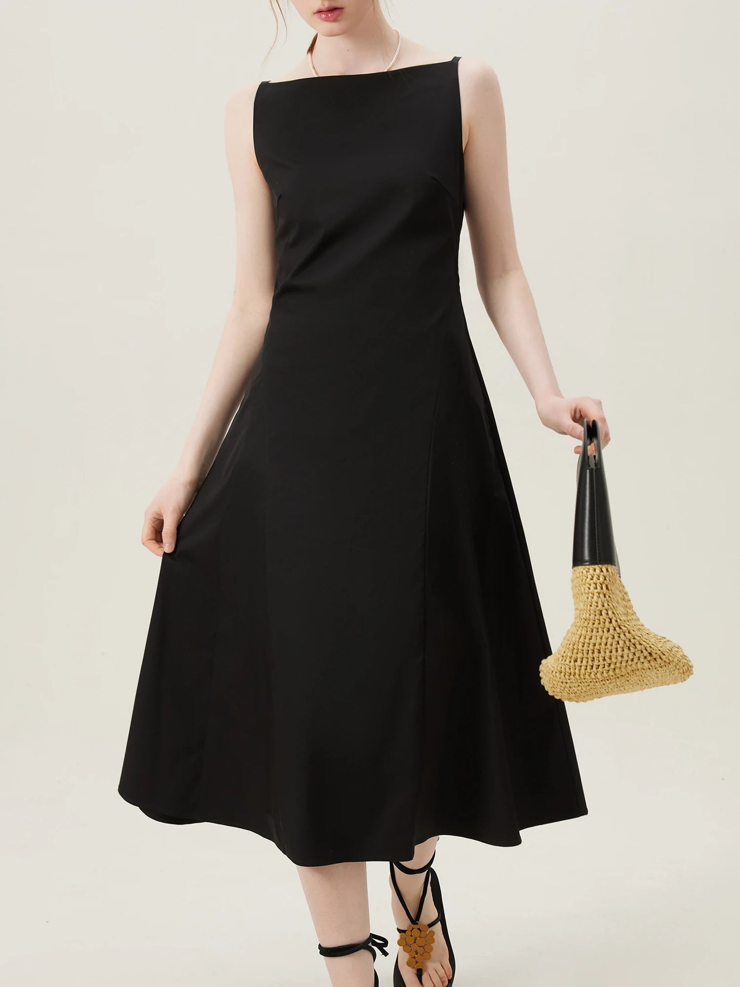 Elegant Sleeveless Boat Neck A- Line Midi Dress
