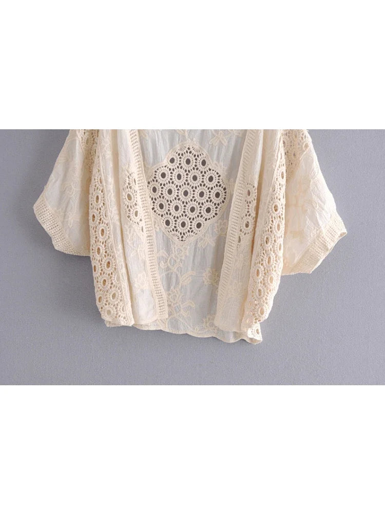 Vintage Lace Short Sleeve Loose Crop Cardigan